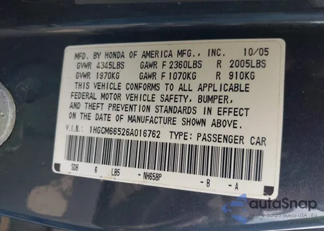 2006 Honda Accord 3.0 Ex из США, поврежденный, VIN 1HGCM66526A016762